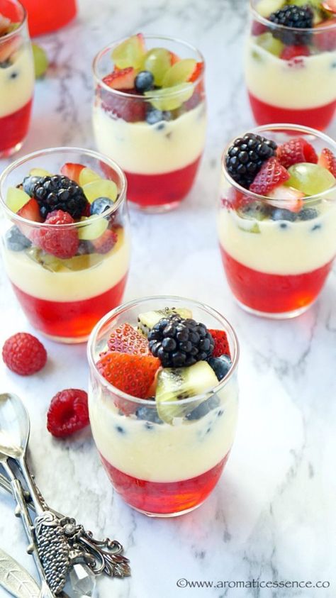 Fruit Custard With Jelly | Layered Jelly & Custard - Aromatic Essence Custard Jelly Dessert, Jelly Custard, Almond Coconut Cake, Sticky Pudding, Impressive Dessert, Fruit Custard, Peach Jelly, Trinidad Recipes, Jelly Desserts