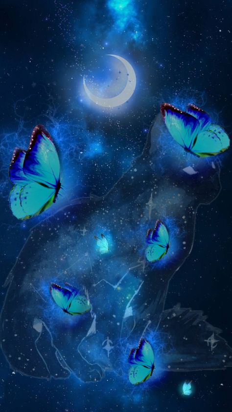 #space #cat #butterfly #moon Blue Butterfly Aesthetic, Hatsumi Rou, Space Butterfly, Butterfly Aesthetic, Blue Butterfly Wallpaper, Cute Lockscreens, Butterfly Wallpaper Backgrounds, Black Jokes, Butterfly Images