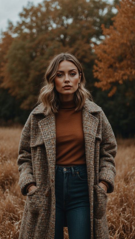 A woman wearing a rust-colored turtleneck, plaid coat, and high-waisted jeans in a fall setting Halloween Day Outfit, Photographer Fits, Autumn Photography Ideas, Fall Vibes Outfit, Women Fall Fashion, Chic Fall Outfit, Chic Fall Fashion, Stylish Fall Outfits, Crisp Autumn