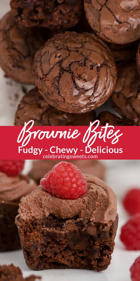 These Brownie Bites are fudgy, chewy, and packed with chocolate. A delicious bite-sized treat with a shiny-crinkly top and the perfect brownie texture. Serve on their own or top with a swirl of frosting. Mini Brownie Bites With Frosting, Mini Cupcake Brownie Bites, Chocolate Bitesize Desserts, Chocolate Dessert Bites, Homemade Brownie Bites, 2 Bite Brownie Recipe, Brownie Bites With Frosting, Small Desserts For Parties Bite Size, Two Bite Brownie Recipe