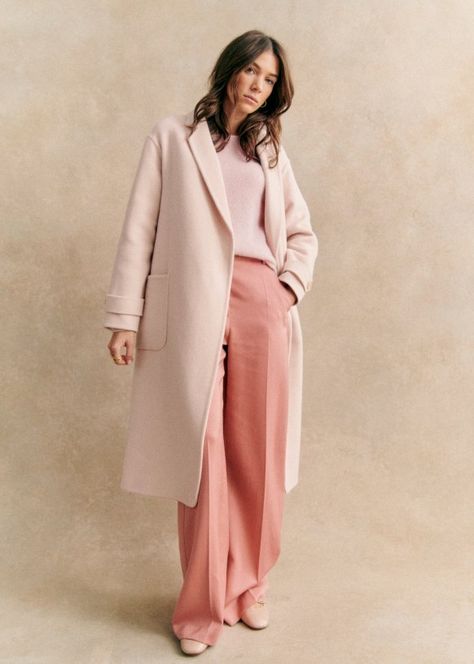 Mederick Coat - Sand - Wool - Sézane Pink Wool Coat Outfit, Sezane Mederick Coat, Chic Pink Wool Outerwear, Pink Fitted Wool Outerwear, Luxury Pink Wool Outerwear, Sezane Pink Sweater, Wool Coat Outfit, Pink Wool Coat, Denim Sweatshirt