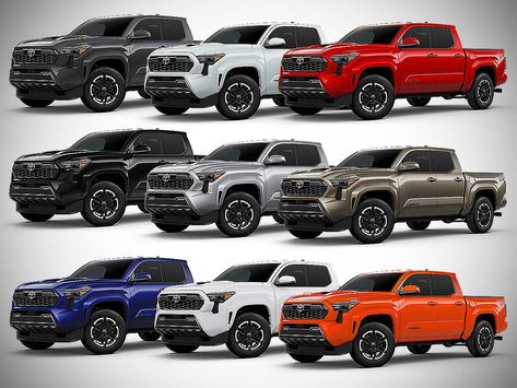 The 2024 Toyota Tacoma TRD Sport pickup truck is available in 9 color options - Black, Supersonic Red, Underground, Blue Crush Metallic, Bronze Oxide, Celestial Silver Metallic, Ice Cap, Solar Octane and Wind Chill Pearl.