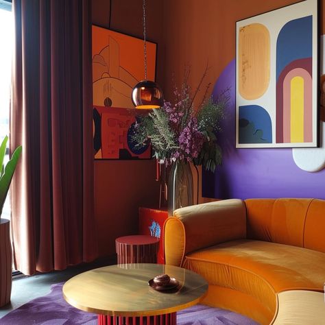 Who’s says Orange and purple…and red can’t go together #colorindesign #aiinteriors Purple Interior Design, Purple Living Room, Airbnb Ideas, Colorful Eclectic, Red Couch, Red Can, Retro Interior Design, Living Room Orange, Purple Interior