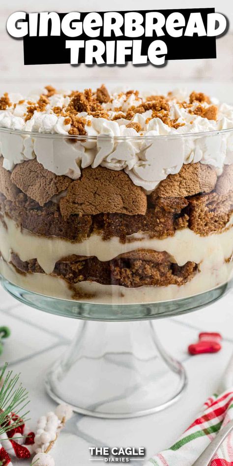 Deliciously sweet and full of fall spices, this gingerbread trifle is the perfect, and most easiest, eye-catching dessert for the holidays. Thanksgiving Trifles, Thanksgiving Trifle Desserts, Fall Trifle Recipes, Fall Trifle, Thanksgiving Trifle, Pumpkin Spice Pudding, Christmas Trifle Recipes, Gingerbread Trifle, White Chocolate Pudding