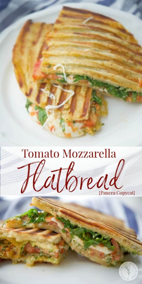 Panera Bread has changed the way they make their popular Tomato Mozzarella Flatbread, but now you can make the original version at home. #sandwich #flatbread #copycatrecipe Mozzarella Flatbread, Tomato Mozzarella Sandwich, Panera Sandwiches, Panera Bread Copycat, Flatbread Sandwiches, Vegetarian Sandwiches, Panera Recipes, Bread Chicken, Recipes Cheesecake