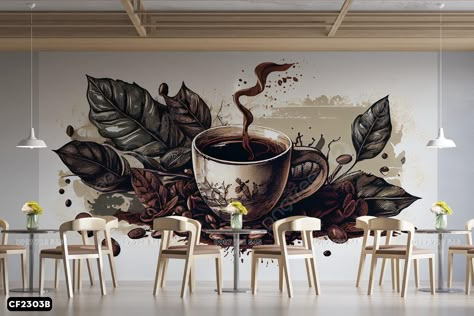 Mural Coffee Shop Wall Art, Coffee Graffiti, Coffee Mural, Coffee Cafe Interior, Small Restaurant Design, Cafe Display, Coffee Artwork, Bakery Design Interior, Creative Wall Painting