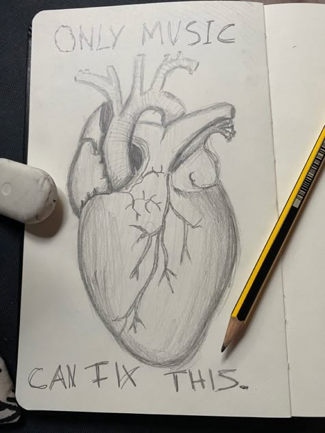 You can see a drawing of a heart, in the middle of the picture. It’s in black and white. Next to the heart there is a writing: “only music can fix this.” There’s a pencil and a rubber laying aside of the sketchbook. Things To Draw After A Breakup, Simple Breakup Drawings, Lost Draw Feeling Sketch, Heart Break Drawings, Meaningful Drawing About Love, Lost Draw Feeling, Small Pencil Sketches, Feeling Left Out Drawing, Him Aesthetic