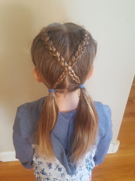 French braids criss crossed. Double ponytails. Criss Cross French Braids, Cross Braids, Braid Pigtails, Volleyball Hair, Braided Pony, Double Ponytail, French Braids, Gym Hairstyles, Pigtail Braids