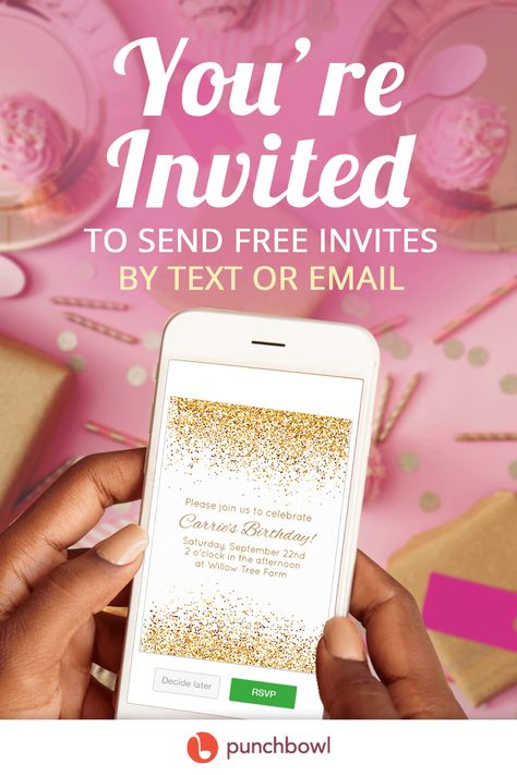 Send free party invitations by text message or email and get RSVPs instantly with Punchbowl! Party planning has never been faster. Start planning your special celebration now! Online Birthday Invitations, Free Party Invitations, Sleepover Parties, Digital Invitations Birthday, Free Invitation Cards, Invitation Card Maker, Online Invitation Card, Text Message Invitations, Online Party Invitations