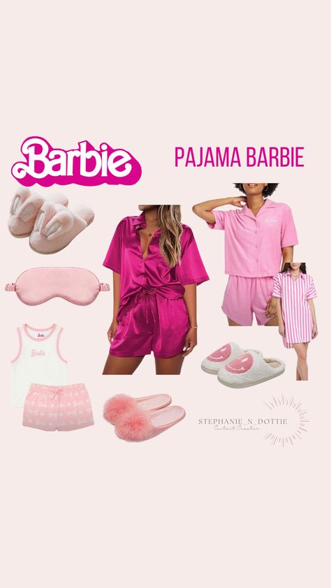 Barbie Party outfit Pajama Barbie, Barbie Pajama, Barbie Party ideas, Barbie slippers, striped pajama dress, silk pink pajamas, pink slippers, pink eye mask, pink bunny slippers Barbie Pajamas Women, Barbie Pajama Party, Party Barbie Outfit, Barbie Brunch Outfit, Sleepover Barbie Costume, Slumber Party Costume, Barbie Dress Up Day At School, Barbie Dress Up Ideas, Pajamas Party Outfit