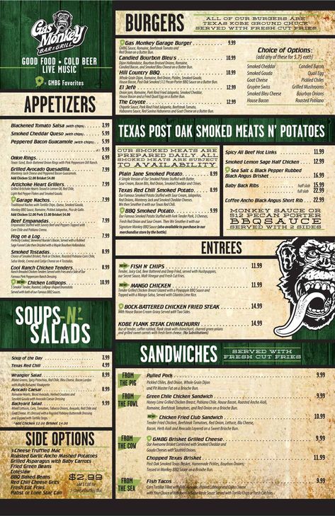 Gas Monkey Bar & Grill Grill Gas, Garlic Ranch, Menu Sans Gluten, Menu Design Inspiration, Monkey Bar, Grilling Menu, Monkey Garage, Menu Layout, Gas Monkey Garage