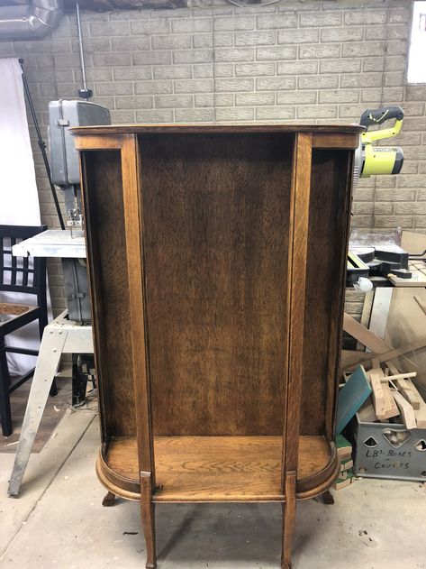 China Cabinet Restored to Original * Curved Glass Cabinet, Glass China Cabinet, China Cabinet Makeover, Antique China Cabinets, Quarter Sawn Oak, Water Based Stain, Cabinet Makeover, Antique Cabinets, Golden Oak