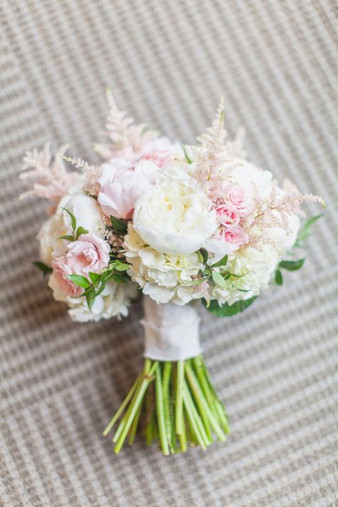 Blush and ivory bridal bouquet. White peonies, light pink roses, blush astilbe, white hydrangea. Flowers by Sisters Floral Design Studio www.sistersflowers.net Image by Cami Wade Photography White Blush Bridesmaid Bouquet, Light Pink Prom Flowers, Light Pink Prom Bouquet, Blush Astilbe, Astilbe White, White Rose Bridal Bouquet, Hydrangea Bridal Bouquet, Ivory Bridal Bouquet, Prom Bouquet