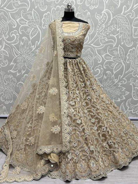 Magnificent Golden Dori Embroidery Net Reception Wear Lehenga Choli Mirror Work Design, Dori Embroidery, Reception Outfit, Embroidered Designs, Long Dress Design, Net Lehenga, Bridal Lehenga Choli, Work Design, Net Fabric