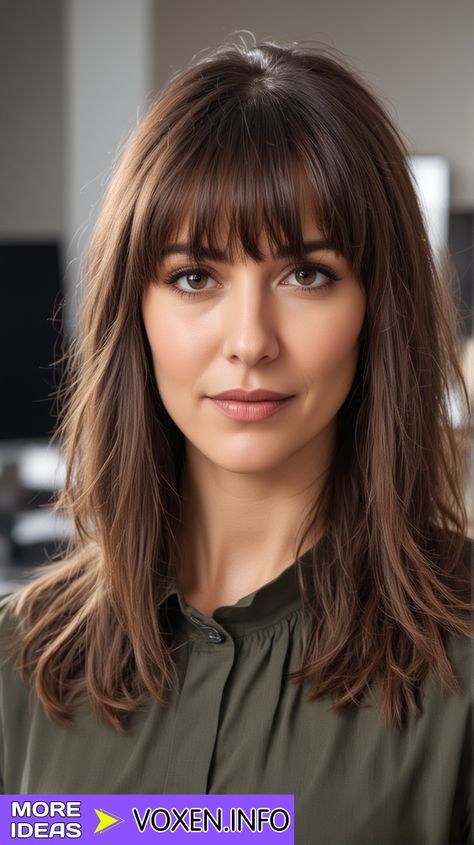 23 Mid Length Hair with Bangs: Top Styles and Tips Brunette Mid Length Hair With Fringe, Thick Hair With Fringe, Mid Haircut With Bangs, Mid Length Hair With Fringe, Medium Length Hair Cuts With Bangs, Mid Length Hair With Layers And Bangs, Midlength Haircuts With Bangs, Bangs Mid Length Hair, Brown Hair With Fringe