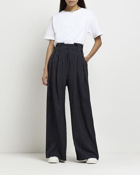 [SponsoredPost] Navy Stripe Paperbag Wide Leg Trousers | River Island #navywidelegtrousersoutfit Wide Leg Pinstripe Pants Outfit, Pinstripe Pants Outfit, Navy Wide Leg Trousers, Stripe Pants Outfit, Wide Leg Trousers Outfit, Striped Wide Leg Trousers, Trouser Pattern, Trouser Outfit, Tommy Hilfiger Dress