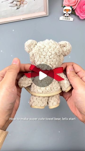 How To Make A Bear Out Of A Towel, Folded Washcloth Animals, Bear Towel Folding, Teddy Bear Diy Easy How To Make, Washcloth Bear Tutorial, Face Cloth Teddy Bear, How To Make Animals Out Of Towels, Washcloth Teddy Bear Tutorial, Towel Bear Tutorial