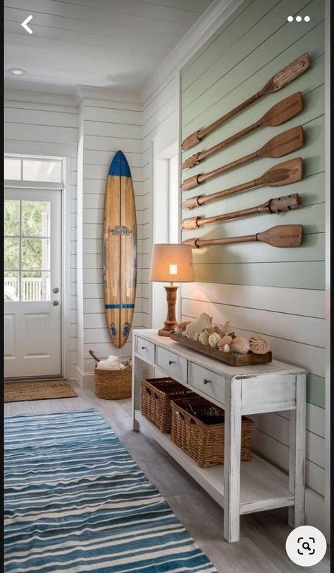 Coastal Front Entryway Ideas, Modern Coastal Hallway, Pier Decorating Ideas, Nautical Beach House, Coastal Cottage Entryway, Lake House Room Ideas, Coastal Foyer Ideas Entryway, Bay House Decor Ideas, Costal Grandma House Aesthetic