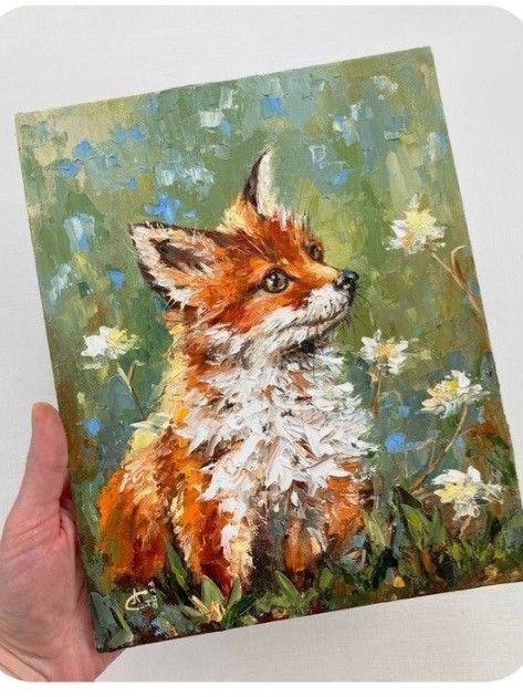 Acrylic Wildlife Painting, Cute Animal Paintings Acrylic, Painting Inspo Nature, Mini Animal Paintings, Canvas Painting Ideas Animals, Acrylic Painting Ideas Animals, Acrylic Painting Paper, Fox Oil Painting, Small Animal Paintings