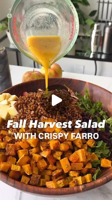 Healthy Living on Instagram: "🥗 FALL HARVEST SALAD WITH CRISPY FARRO 🥗

This fall salad from @wellplated is loaded with maple-roasted butternut squash, crispy farro, apples, cranberries, and toasted nuts. It’s like autumn in every bite! 🍁🍂

✨ Ingredients:

1/2 cup walnut or pecan halves
1 1/2 cups cooked farro
Olive oil, kosher salt, pepper, and pure maple syrup
1 medium butternut squash, cubed
5 oz baby arugula
1 medium apple, diced (Honeycrisp recommended)
1/2 cup dried cranberries
1/3 cup crumbled goat cheese

Dressing:

3 tbsp olive oil
2 tbsp apple cider vinegar
1 tbsp maple syrup
2 tsp Dijon mustard
1 garlic clove, minced

🔥 Instructions:

1. Toast the nuts for 8-10 minutes at 350°F.

2. Toss the squash with olive oil, maple syrup, salt, and pepper. Roast at 400°F for 20-25 minu Crispy Farro, Goat Cheese Dressing, Harvest Salad Recipes, Fall Harvest Salad, Fall Salads, Crumbled Goat Cheese, Pecan Halves, Fall Goodies, Honey Crisp