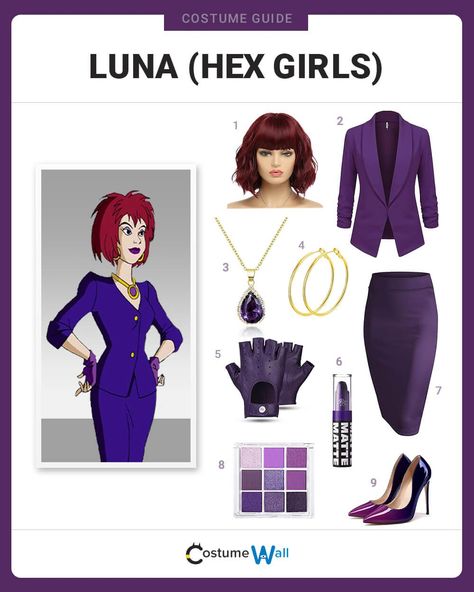 Luna (Hex Girls) Costume Hex Girls Costume, Luna Costume, Eco Goth, Luna Cosplay, Purple Eye Shadow, Costume Wall, Lipstick Purple, Burgundy Wig, Fingerless Leather Gloves