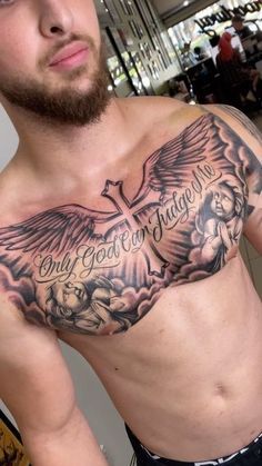 Rip Mom Tattoo For Men Chest, Follow God Tattoo, Cheat Pieces For Men Tattoo, Whole Chest Tattoo For Men, Leg Lettering Tattoo Men, Mens Center Chest Tattoo, Chest God Tattoo, God Chest Tattoo Men, One Side Chest Tattoo Men Ideas Unique