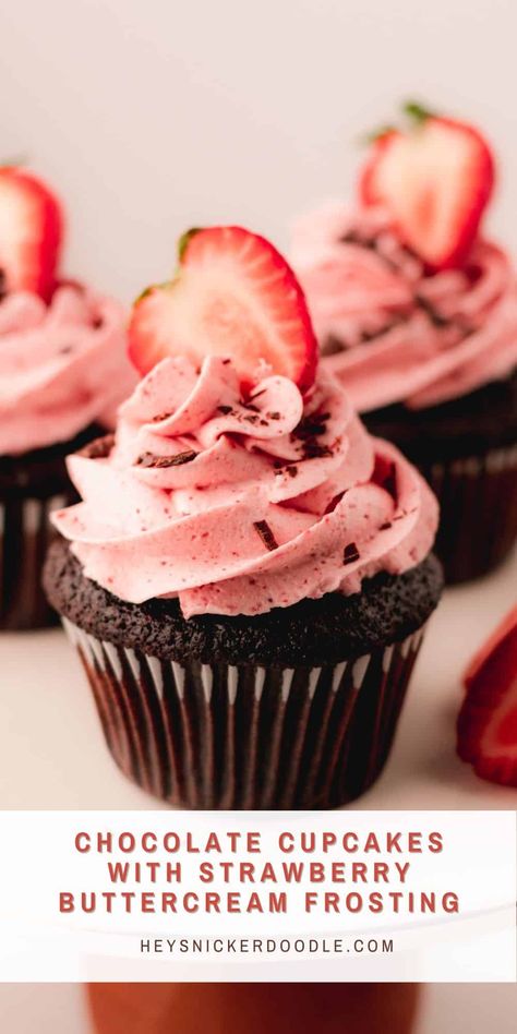 These chocolate cupcakes with strawberry buttercream frosting are moist, fluffy and perfect for so many occasisions. The buttercream frosting is made with freeze dried strawberries that add the perfect pink color and the best strawberry flavor. Chocolate Strawberry Cupcakes, Strawberry Buttercream Frosting, Best Chocolate Cupcakes, Strawberry Icing, Chocolate Chip Cupcakes, Chocolate Cupcakes Moist, Canned Frosting, Strawberry Frosting, Buttercream Cupcakes