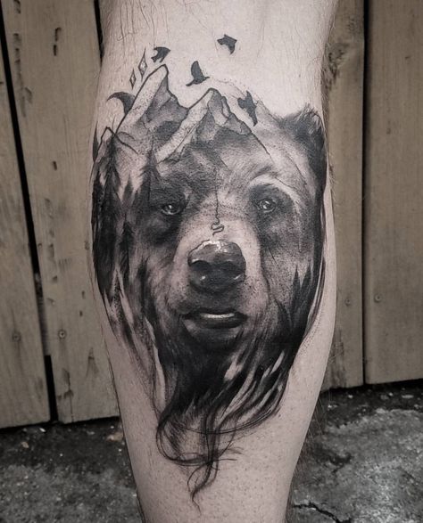 Bear and Mountains Bear Eyes Tattoo, Bear Calf Tattoo, Bear Face Tattoo, Cabin Tattoo, Andean Bear, Grizzly Bear Tattoos, Bear Sketch, Bear Tattoo Designs, Bear Skull