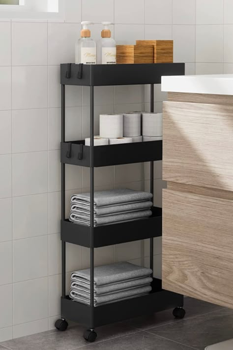 Clever and creative small bathroom storage ideas including ideas for renters and the best ways to maximize your space! Cart For Bathroom, Small Apartment Decor Ideas, Small Apartment Inspiration, Small Bathroom Storage Ideas, Tiny Bathroom Storage, Small Space Bathroom Design, Bathroom Corner Storage, Garden Interior Design, Bathroom Utility