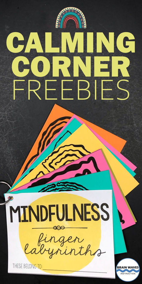 One calming corner strategy is to create a set of finger labyrinths. Students quietly trace the path of the labyrinths and they take a deep breath. This simple activity helps students focus on the present. Find these cards for free on the blog. Rainbow Calming Corner, Calm Corner For Middle School, Calm Down Corner Classroom Upper Elementary, Calm Corner Resources, Calm Down Corner Upper Elementary, Calming Corner Ideas Middle School, Calm Corner For Adults, Calming Corner Classroom High School, Calm Down Corner For Adults