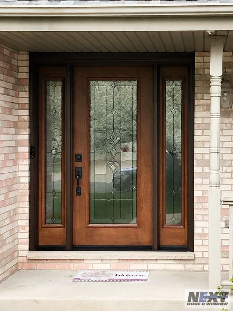 Glass Front Door Single, Front Doors With Glass Panels Entrance, Front Door With Two Sidelights, Front Door With Windows On Each Side, Provia Doors Front Entry, Entryway Design Modern, Farmhouse Front Doors, Front Door Side Windows, Front Doors With Glass