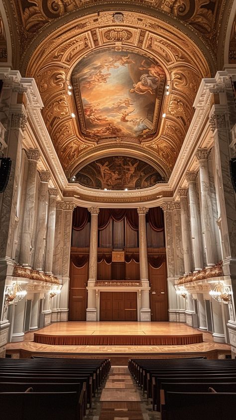 Opulent Concert Hall: An empty concert hall illuminated with soft lights, showcasing ornate designs and a magnificent ceiling fresco. #concert #hall #ornate #ceiling #fresco #aiart #aiphoto #stockcake ⬇️ Download and 📝 Prompt 👉 https://ayr.app/l/DTxm Concert Hall Aesthetic, Ceiling Fresco, Ornate Ceiling, Rustic Accessories, Music Hall, Concert Hall, The Princess, Soft Lighting, How To Take Photos