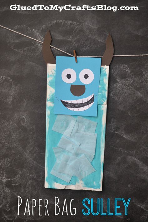 Paper Bag Sulley {Kid Craft} Finding Nemo Crafts, Monsters Inc Crafts, Craft Paper Bag, Disney Crafts For Kids, Monster Puppet, Disney Activities, Puppet Craft, Movie Crafts, Paper Bag Crafts