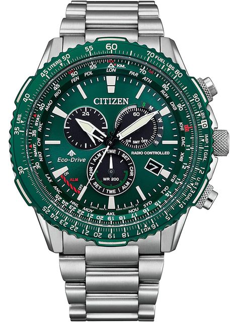 CITIZEN PROMASTER SKY CB5004-59W Mens Chronograph, Citizen Watch, Pilot Watch, Citizen Eco, Eco Drive, Perpetual Calendar, Stainless Steel Band, Green Crystals, Radio Control