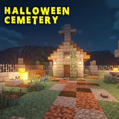 8,746 Likes, 43 Comments - Fresh Minecraft Builds (@freshminecraftbuilds) on Instagram: “Halloween cemetery! 🎃  Tried to incorporate blots to cool designs I've seen on Instagram into one…” Minecraft Cemetery Build, Mc Halloween Builds, Cemetery Minecraft Ideas, Mincraft Idea Halloween, Minecraft Halloween Village, Savannah Minecraft, Grave Yard Minecraft, Halloween Town Minecraft, Minecraft Tombstone