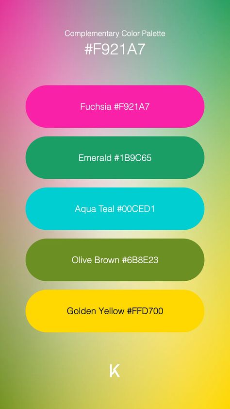 Complementary Color Palette Fuchsia #F921A7 · Emerald #1B9C65 · Aqua Teal #00CED1 · Olive Brown #6B8E23 · Golden Yellow #FFD700 Color Schemes With Hex Codes, Complementary Color Palette, Hex Color Palette, Palette Design, Hex Codes, Color Palette Design, Hex Colors, Complementary Colors, Golden Yellow