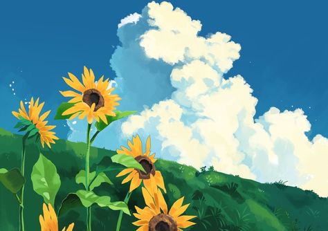 Sunflower Anime Aesthetic, Anime Landscape, Pokemon Painting, Studio Ghibli Background, Arte Punk, Ghibli Artwork, Sunflower Wallpaper, Studio Ghibli Art, Landscape Art Painting