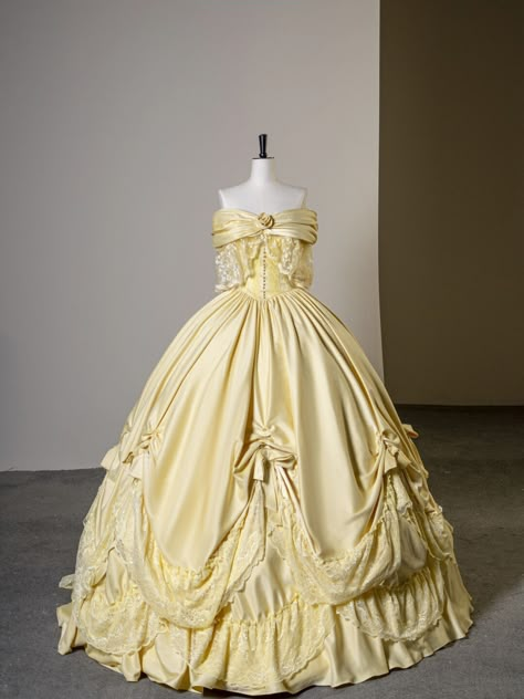 1864 Dresses, Princess Dress Yellow, Yellow Princess Dress, Yellow Ballgown, Yellow Ball Gown, Victorian Ball Gowns, Belle Gown, Gaun Abad Pertengahan, Vintage Ball Gowns