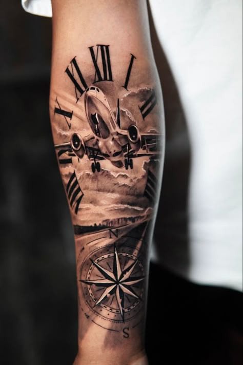 C-130 Tattoo, Airplane Sleeve Tattoo, Travel Half Sleeve Tattoo, Tattoo Topgun, Compass And Plane Tattoo, Guy Tattoos Arm, Aviation Tattoos For Men, Airplane Tattoo Men, Aviation Tattoo Pilots