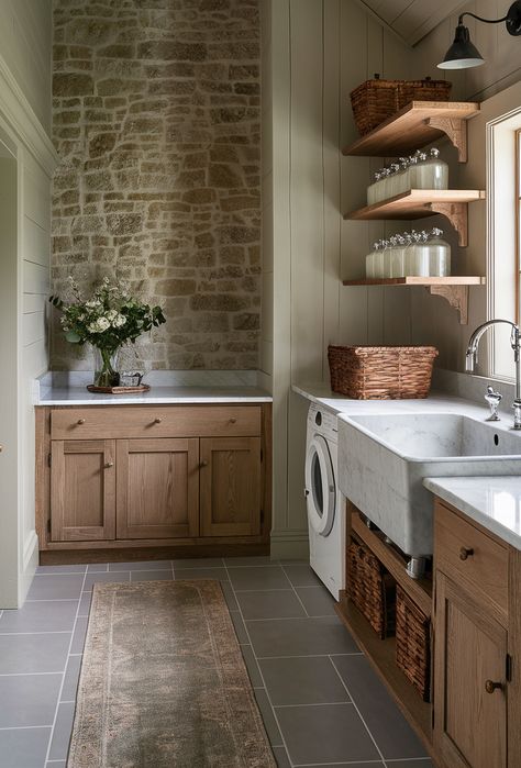 Laundry Room Old House, Modern Spanish Laundry Room, Amber Interiors Laundry Room, Earthy Laundry Room Ideas, Country House Laundry Room, Cozy Cottage Laundry Room, Farmhouse Laundry Room With Dog Wash, Italian Laundry Room, French Style Laundry Room