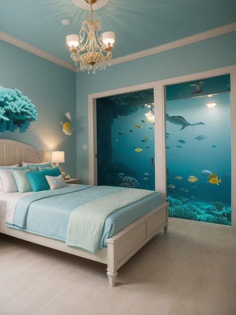 Create an underwater paradise in your Minecraft bedroom by using aquatic-themed wall decals and painting the room in shades of blue and green. Add coral-inspired throw pillows and a seashell chandelier for an immersive and whimsical touch. Beach Theme Bedroom, Ocean Inspired Bedroom, Aquatic Theme, Ocean Themed Bedroom, Ocean And Beach, Ocean Room, Beach Themed Bedroom, Theme Bedroom, Cozy Nooks