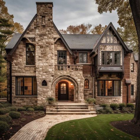 German Tudor House Interior, Old World Architecture, Old World House Exterior, European Brick House, Old English Cottage Exterior, Stone Home Exteriors, Tudor Revival House Exterior, Brick Exterior Design, Stone And Brick House Exterior