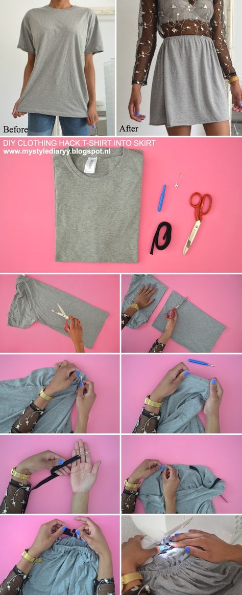 DIY CLOTHING HACK TRANSFORM A T-SHIRT INTO A SKIRT - Mystylediaryy Clothing Hacks Fashion, Fashion Tips And Tricks, Remake Clothes, Diy Clothes Hacks, Clothes Hacks, Upcycle Clothes Diy, Thrift Store Crafts, Diy Vetement, Diy Fashion Hacks