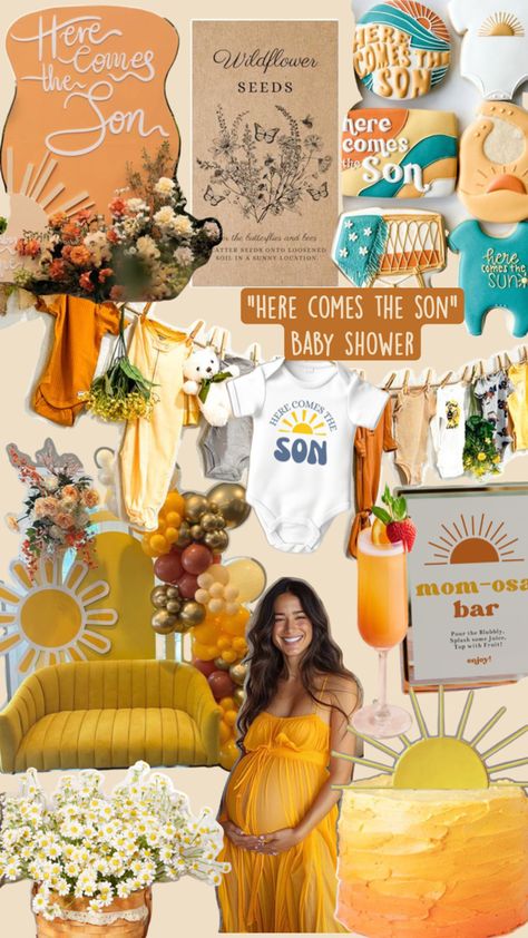 Here comes the sun, baby boy, baby shower, sun, baby shower, sunshine, yellow, and orange baby shower Son Baby Shower Theme, Sunshine Baby Shower Theme, Baby Gender Prediction, Retro Baby Showers, Here Comes The Son, Sunshine Baby Shower, Happy Birthday Decor, Sunflower Baby Showers, Sunshine Baby Showers