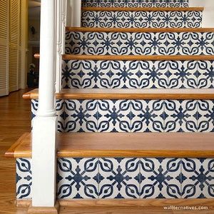 Black And White Staircase, Spanish Style Tile, Tiled Staircase, White Staircase, Spanish Home Decor, Style Tiles, Stair Riser Decals, Stair Stickers, Stair Riser