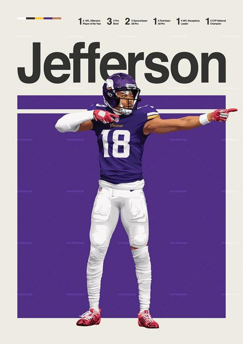 Justin Jefferson poster featuring a mid century modern design style. The high-quality print showcases a beautiful digital drawing of Justin Jefferson. Perfect for any Minnesota Vikings fan looking to add some flair to their living space. Justin Jefferson Wallpaper, Minnesota Vikings Wallpaper, American Football Poster, Vikings Minnesota, Nfl Poster, Nfl Wallpaper, Viking Wallpaper, Nfl Fantasy, Nfl Vikings