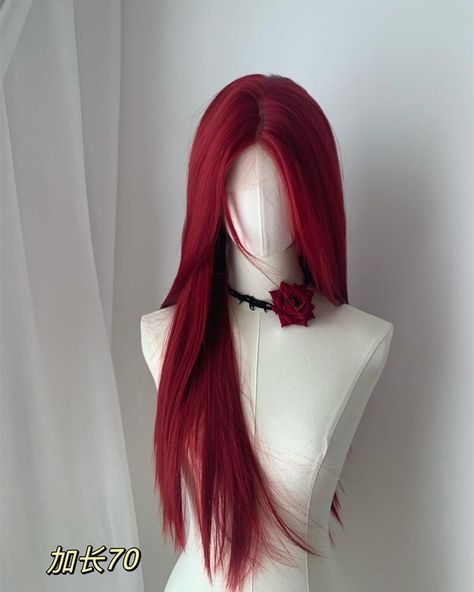 Red Wigs Hairstyles, Red Korean Outfits, Fantasy Red Hair, Cute Haircolor, Red Hair Wigs, Red Hair Korean, Red Hair Kpop, Emo Shag, Red Hair Wig