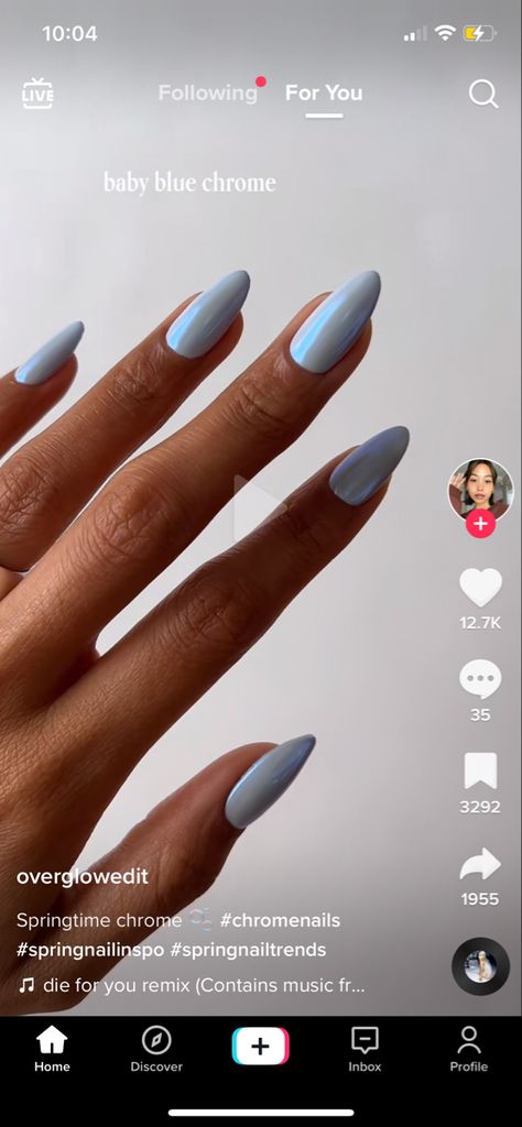 Hoco Nails Almond, Light Blue Hoco Nails, Blue Hoco Nails, Baby Blue Chrome Nails, Baby Blue Chrome, Acrylic Nails Light Blue, Bridal Shower Nails, Powder Blue Nails, Blue Wedding Nails