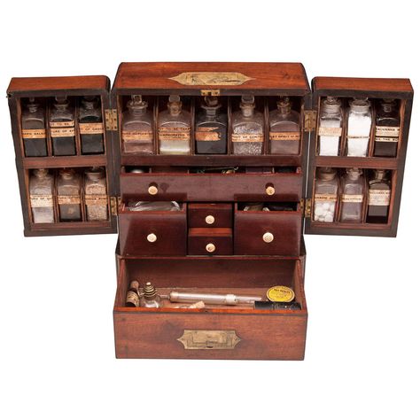 Gotta love this. Someday I'll make an apothecary case for myself. Stardew Furniture, Antique Oddities, Steampunk Bedroom, Melting Clock, The Heist, Apothecary Cabinet, Travel Box, Modern And Antique, Collection Box