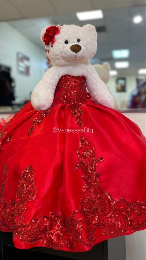 Teddy Bear with a Red Quinceañera Dress Red Quinceanera Teddy Bear, Cute Quinceanera Dresses Red, Red Quince Bear, Red Quinceanera Chambelanes, Quince Entertainment Ideas, Red Xv Dresses, Quinceanera Red Theme, Red Quinceanera Ideas Decor, Hollywood Quince